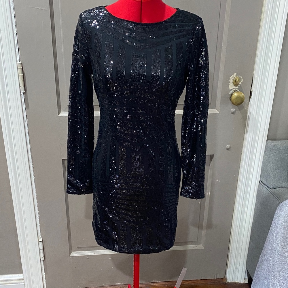 Pink Lily Black Sequin Long Sleeve Dress